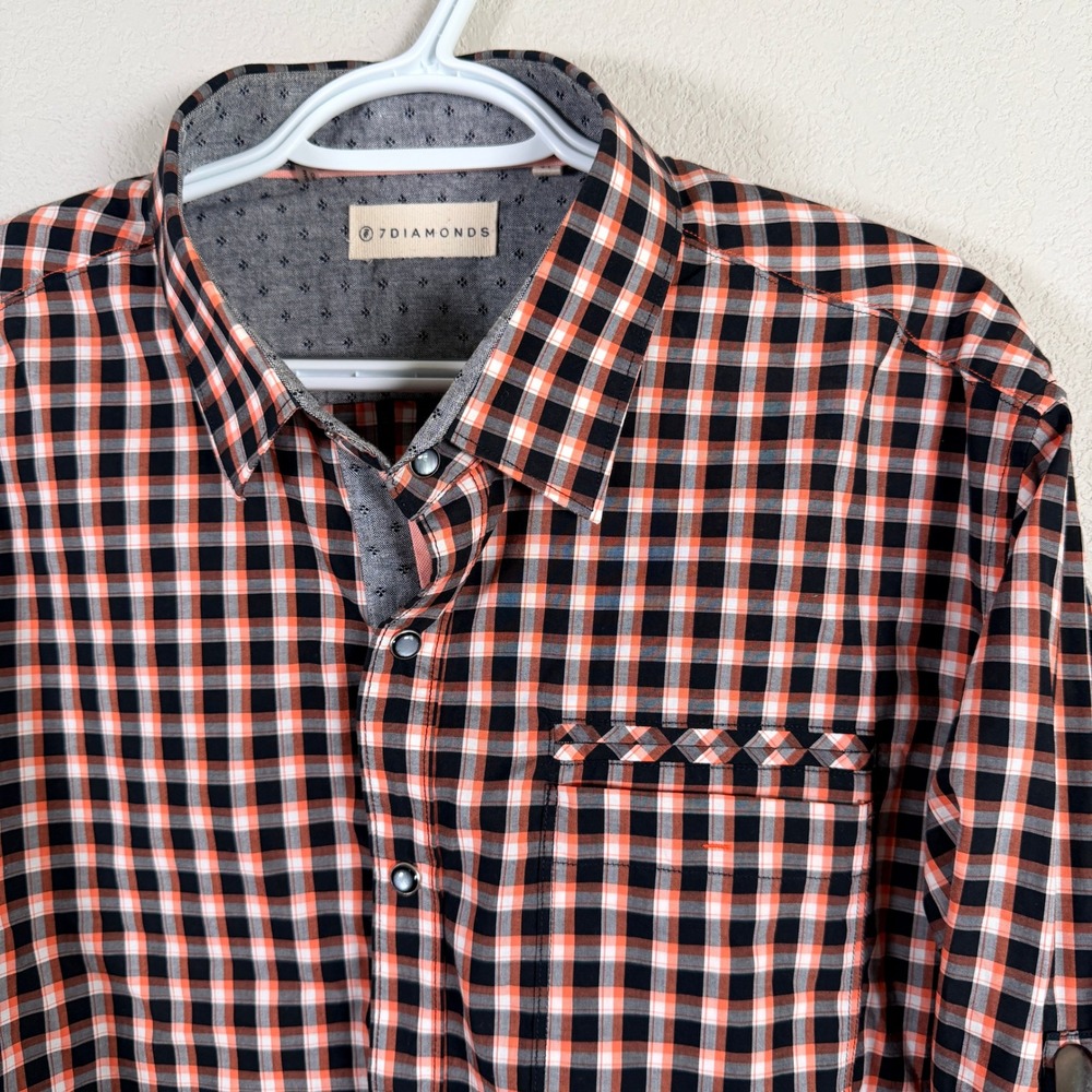 7 Diamonds Snap Up Shirt Mens XL Orange Black Plaid Roll Tab Long Sleeve